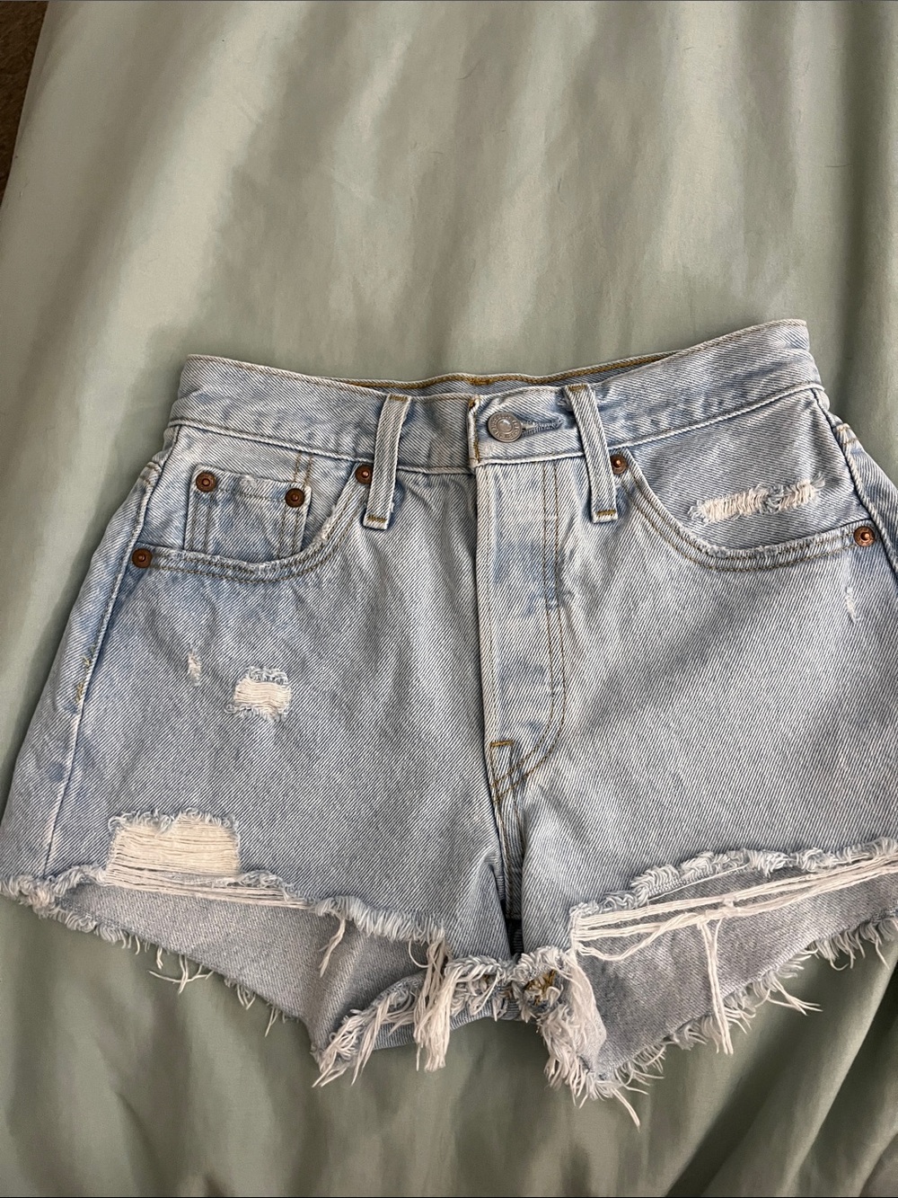 LEVIS Frayed Light Blue Denim High-Rise Jean Shorts